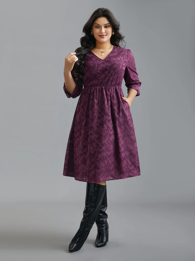 V Neck Burn-out Fabric Midi Dress