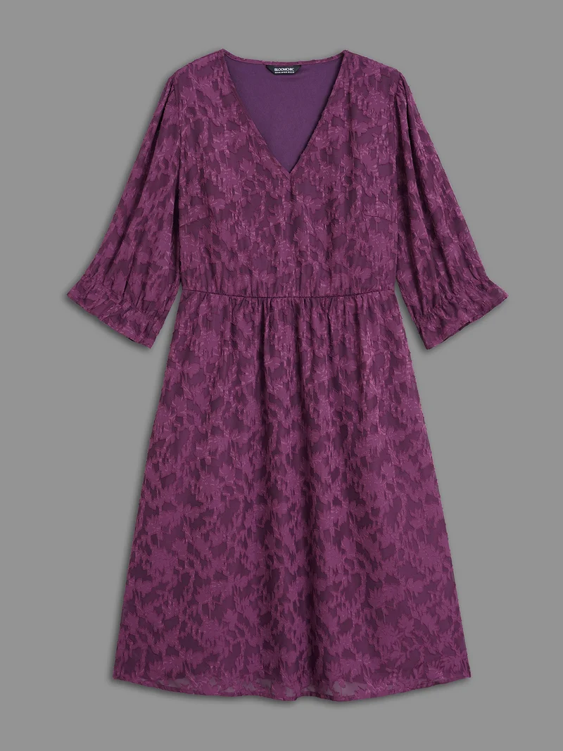 V Neck Burn-out Fabric Midi Dress