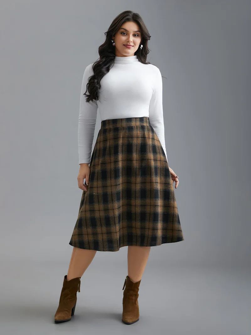 Plaid Elastic Waist Slant Pocket Skirt