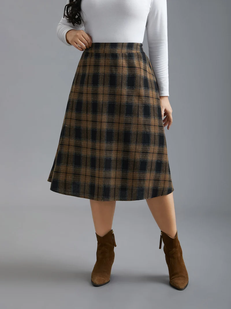 Plaid Elastic Waist Slant Pocket Skirt