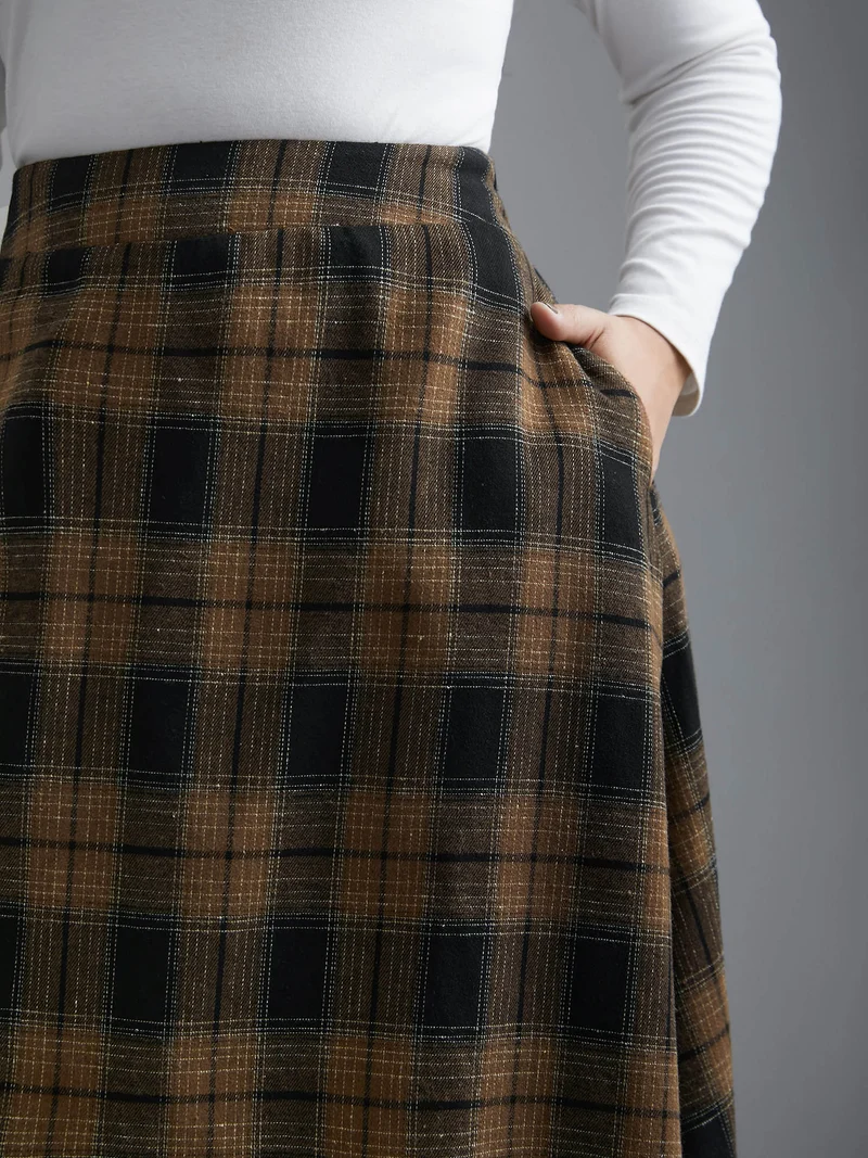 Plaid Elastic Waist Slant Pocket Skirt