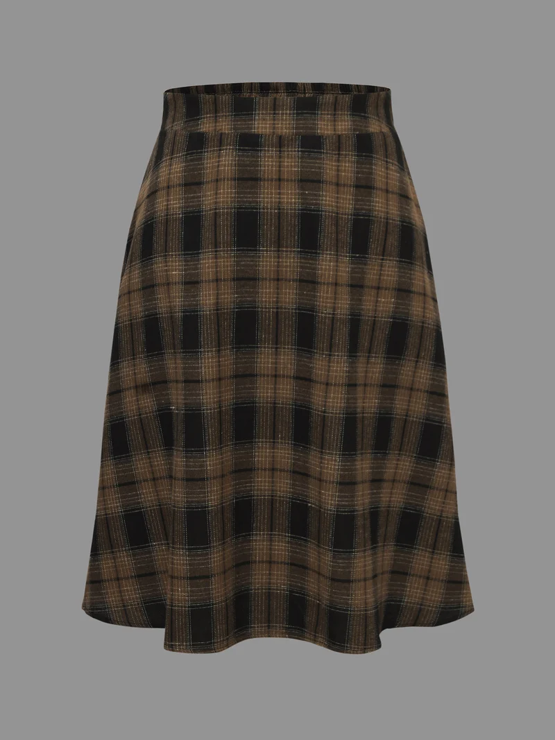 Plaid Elastic Waist Slant Pocket Skirt