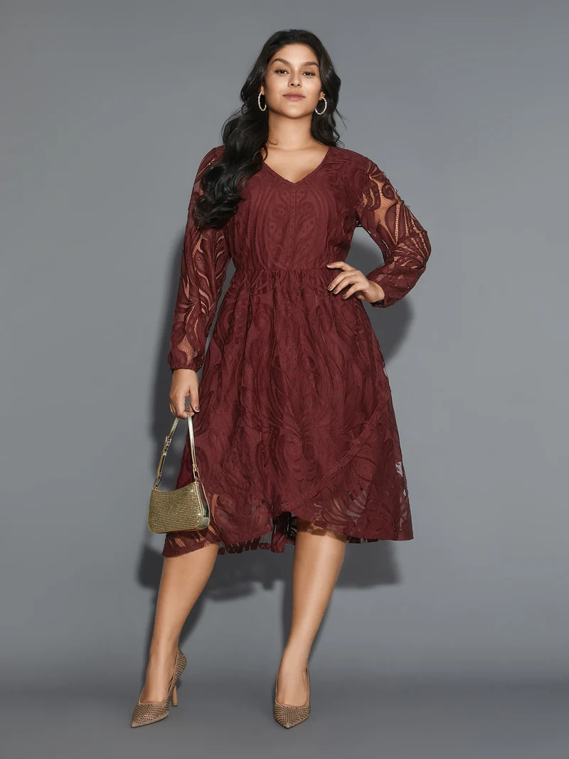 Crochet Lace Mesh Lantern Sleeve Dress