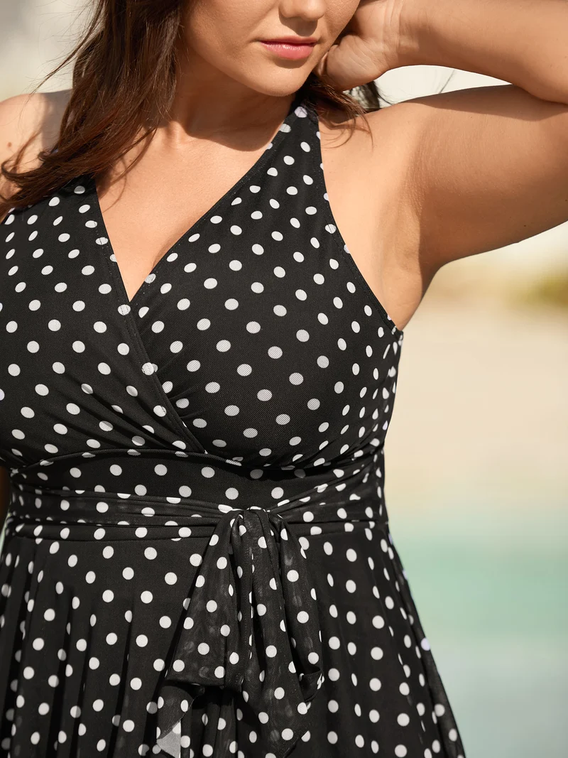 Polka Dot Ruffled Hem Belted Swim Dress