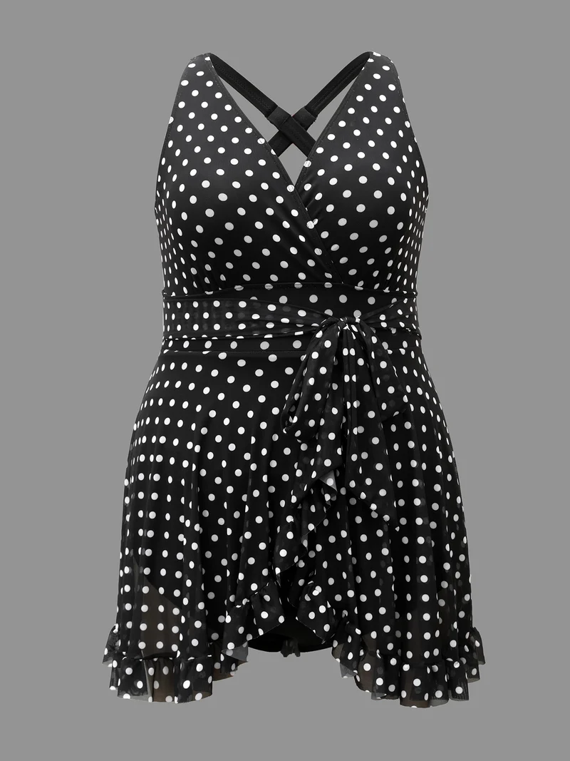 Polka Dot Ruffled Hem Belted Swim Dress