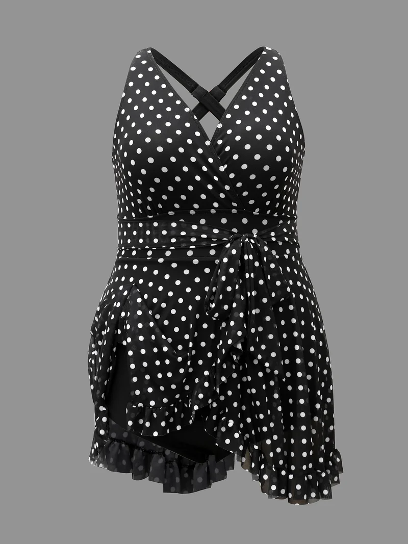 Polka Dot Ruffled Hem Belted Swim Dress