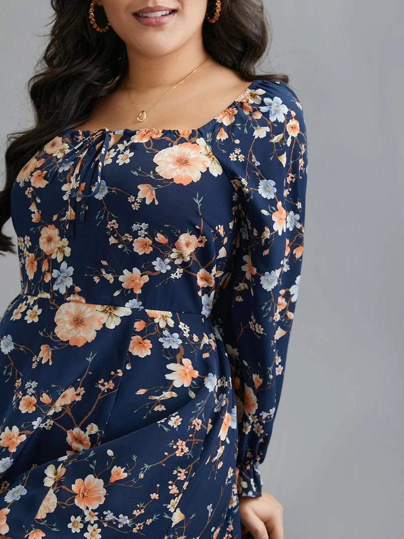 Floral Knot Neck Split Hem Dress