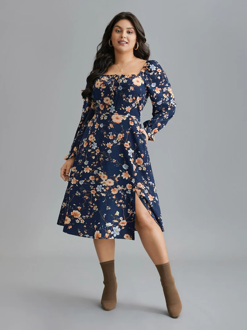 Floral Knot Neck Split Hem Dress