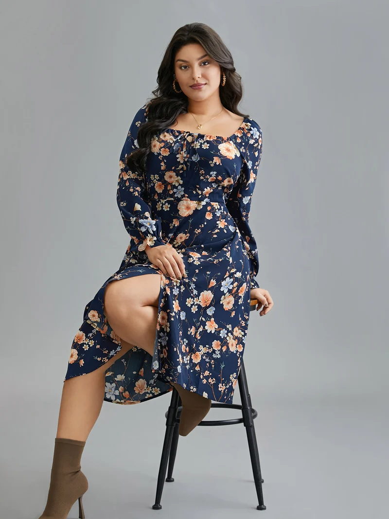 Floral Knot Neck Split Hem Dress