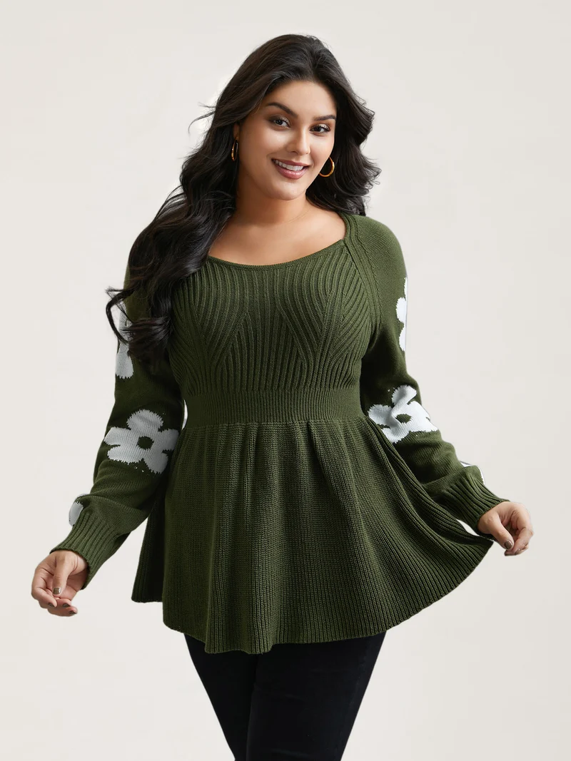 Floral Patch Jacquard Cinched Waist Pullover