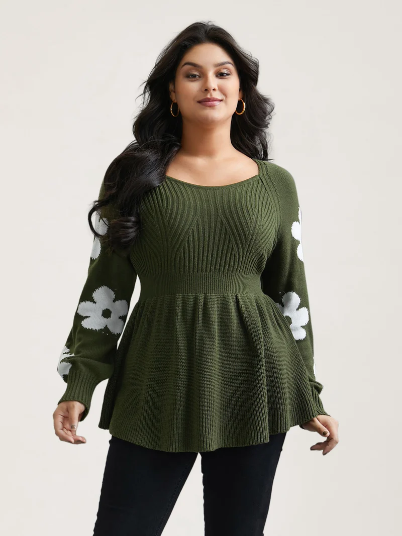 Floral Patch Jacquard Cinched Waist Pullover
