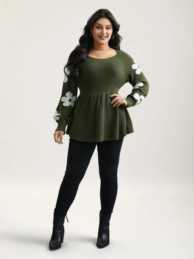 Floral Patch Jacquard Cinched Waist Pullover
