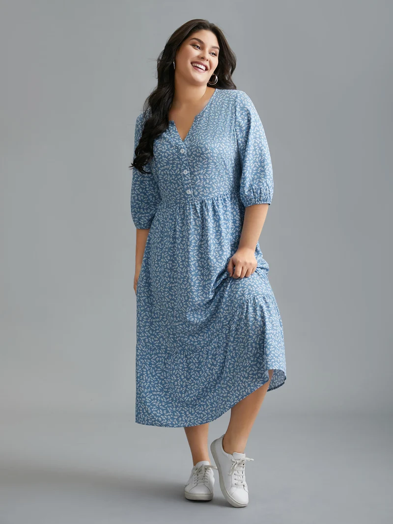 Notched Ditsy Floral Button Midi Dress
