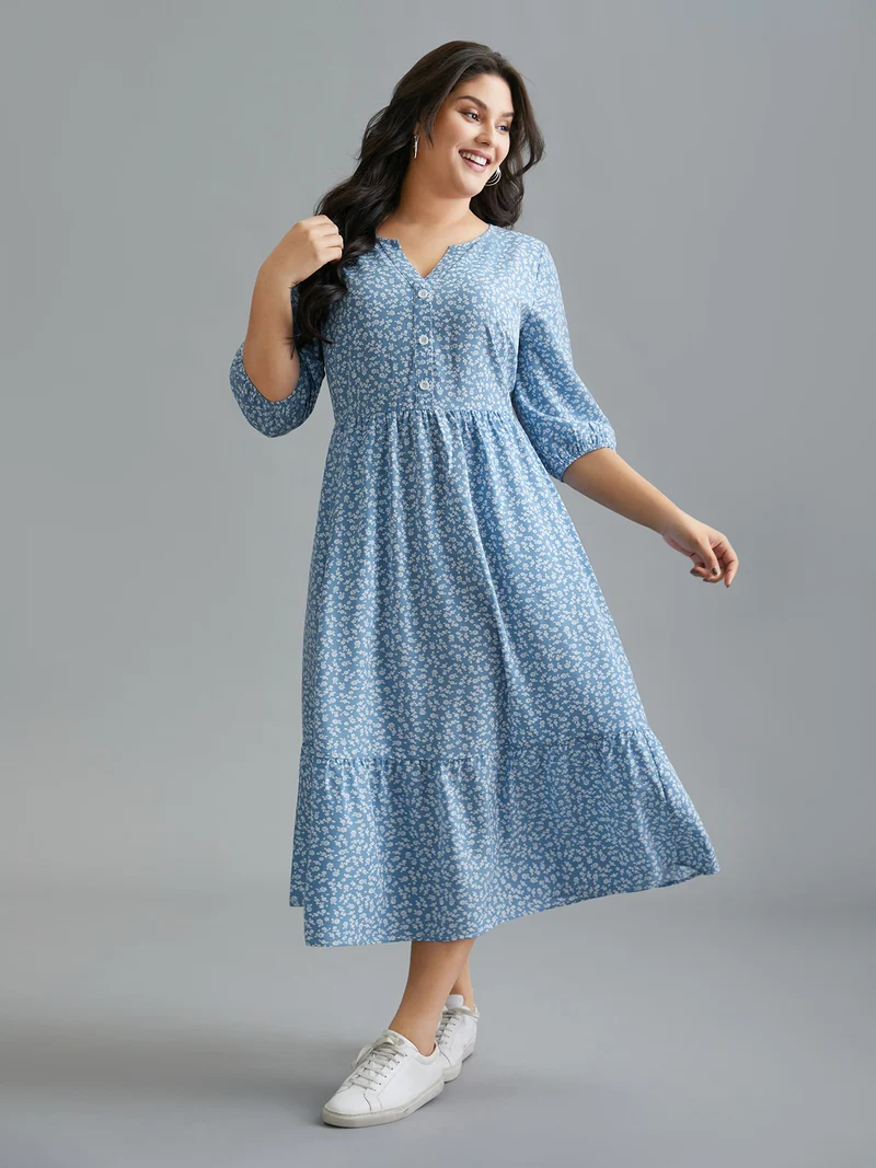 Notched Ditsy Floral Button Midi Dress