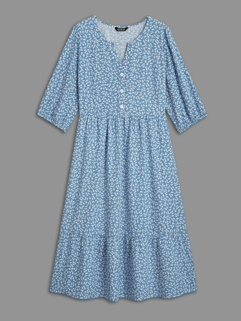 Notched Ditsy Floral Button Midi Dress