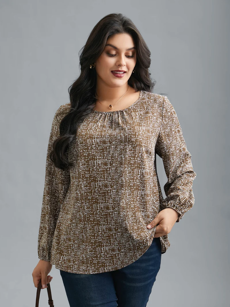 Crew Neck Geometric Print Gathered Blouse