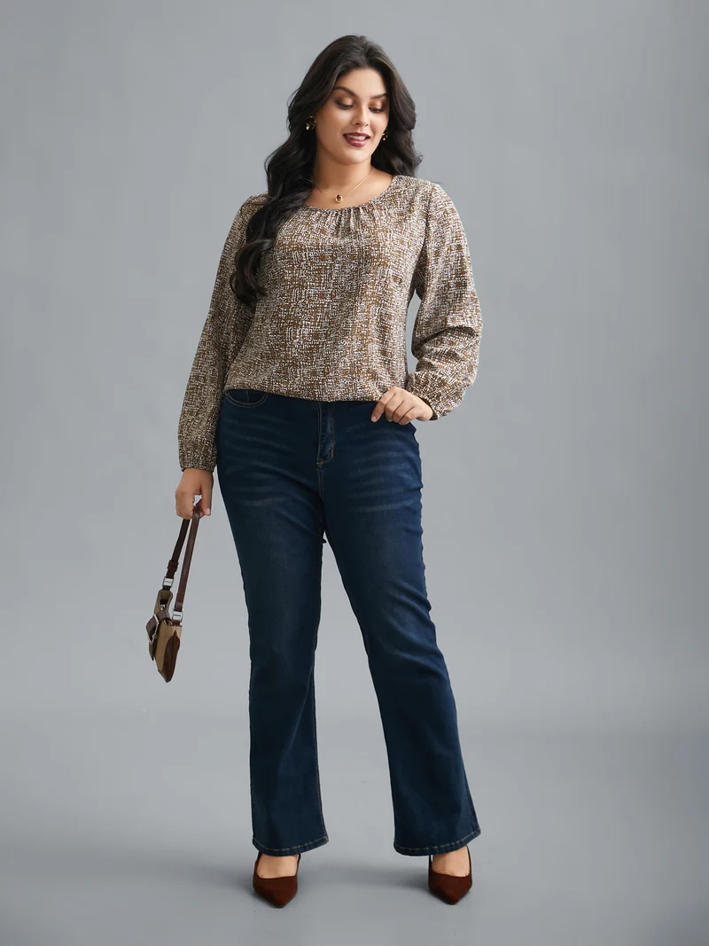 Crew Neck Geometric Print Gathered Blouse