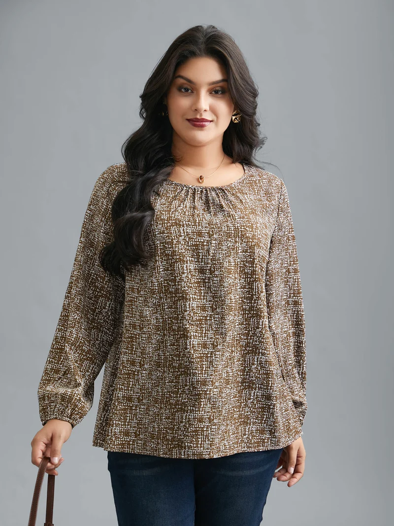 Crew Neck Geometric Print Gathered Blouse