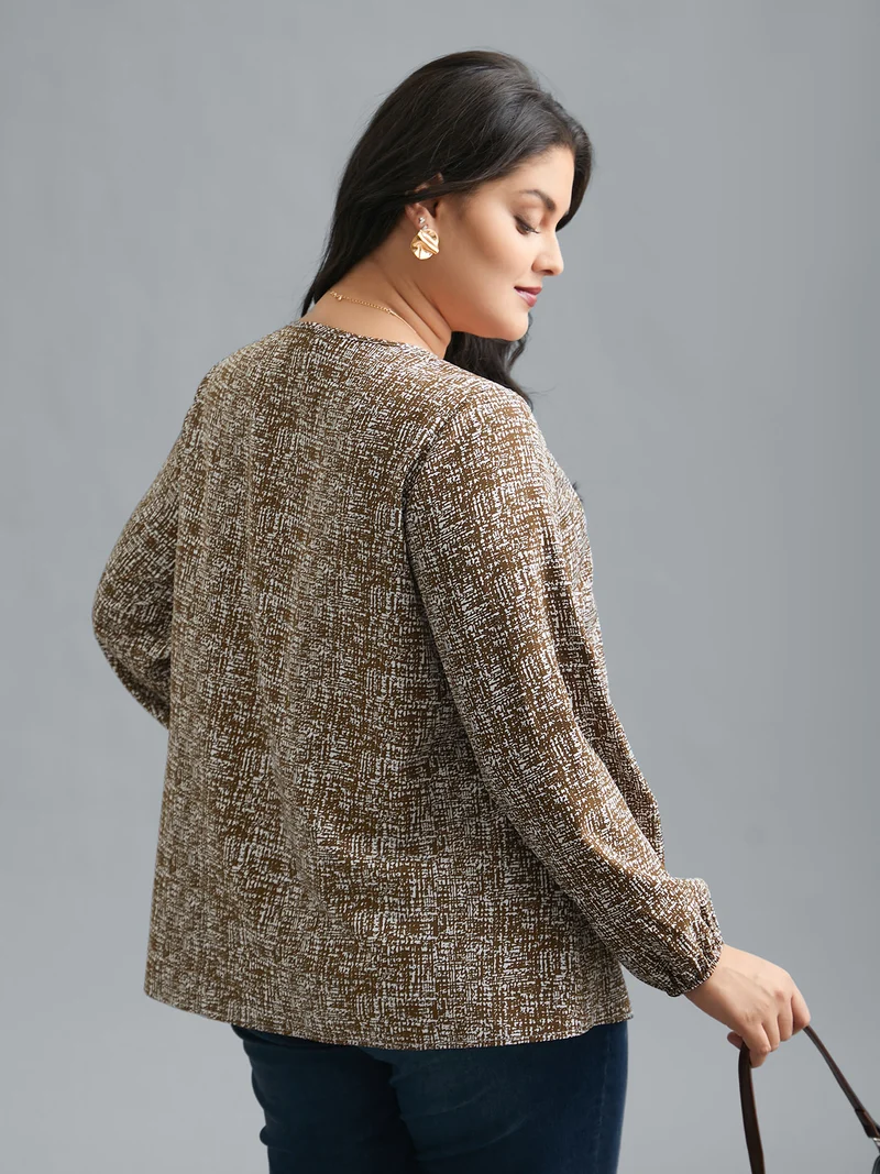 Crew Neck Geometric Print Gathered Blouse