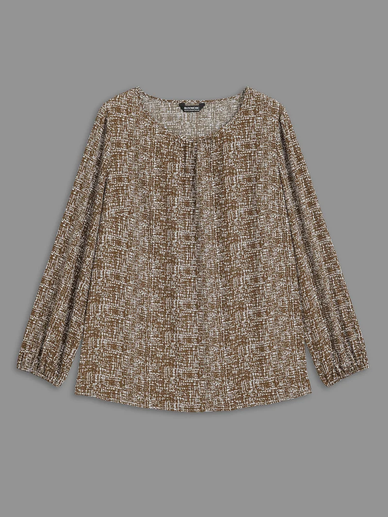 Crew Neck Geometric Print Gathered Blouse