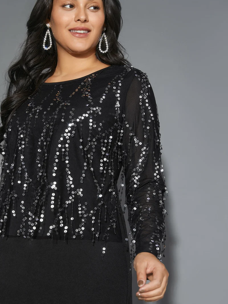 Sequin Patchwork Mesh Split Hem Dress