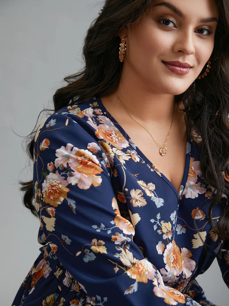 Floral Shirred V-Neck Maxi Dress