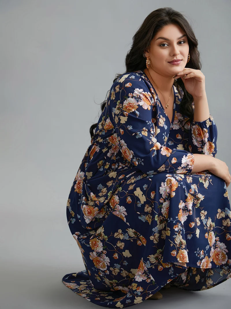 Floral Shirred V-Neck Maxi Dress