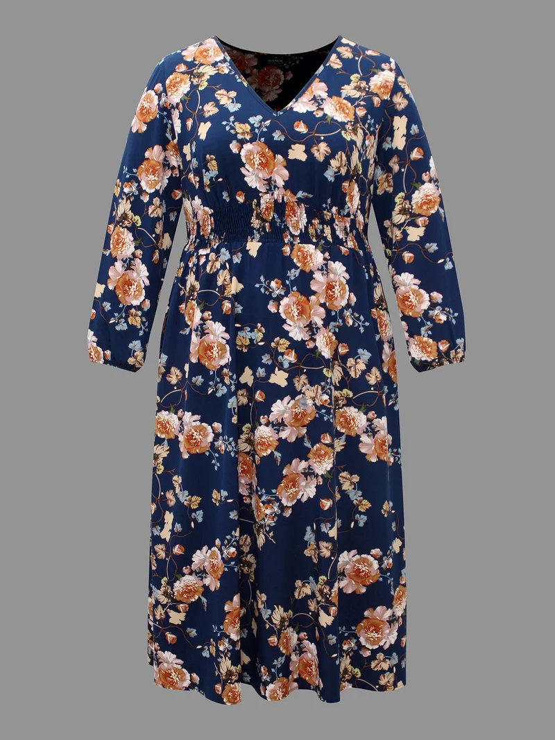 Floral Shirred V-Neck Maxi Dress