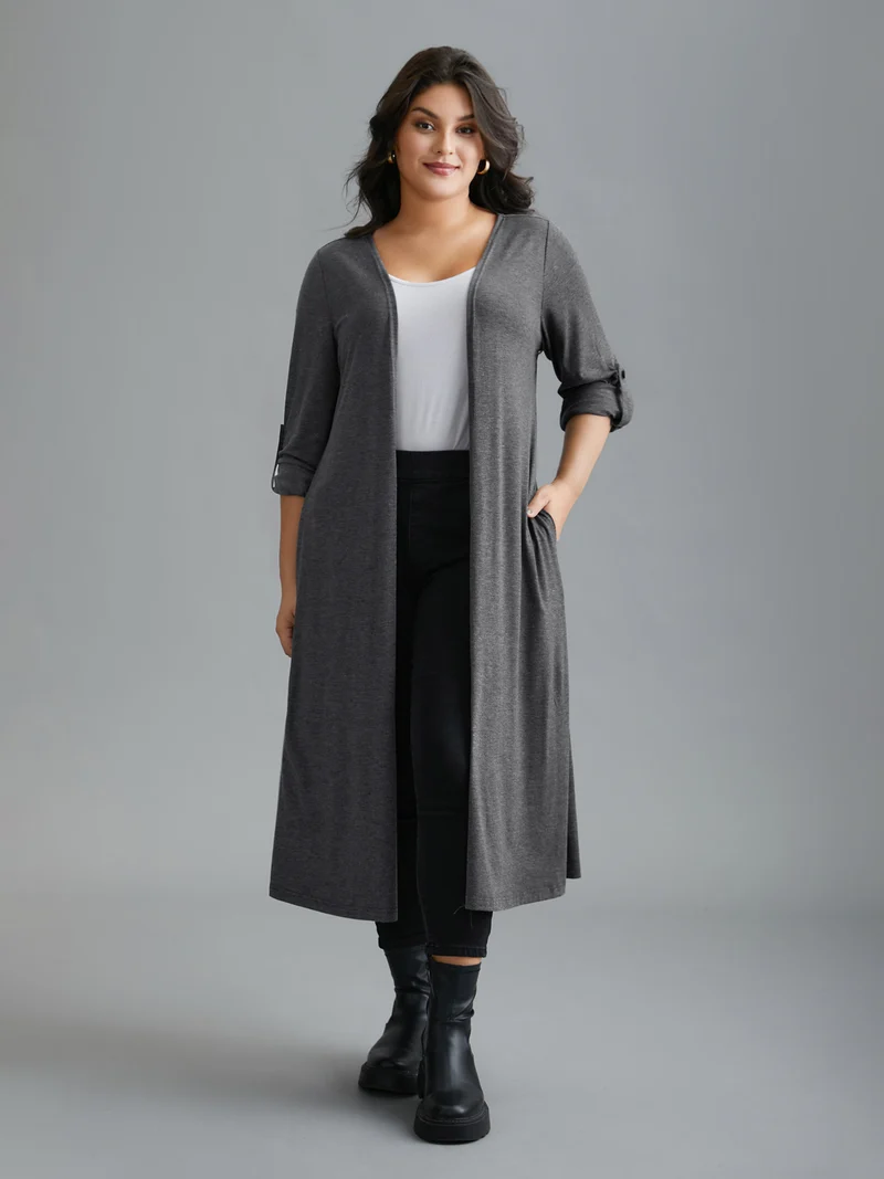 Solid Tab Sleeve Pocket Kimono