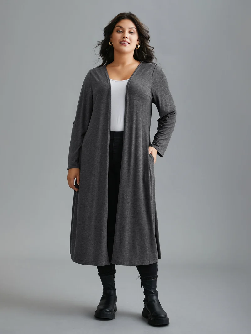 Solid Tab Sleeve Pocket Kimono