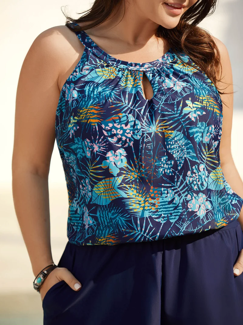 Neck Cut-Out Tropical One-Piece Swimsuit
