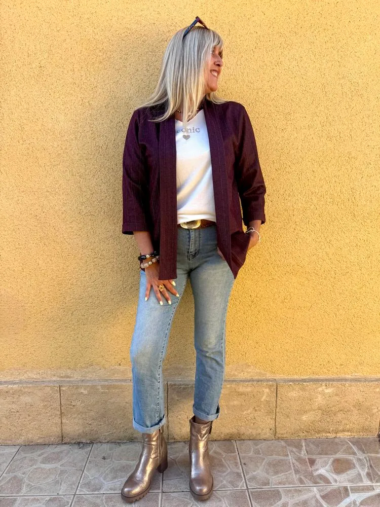 Veste tailleur rayée Tina bordeaux