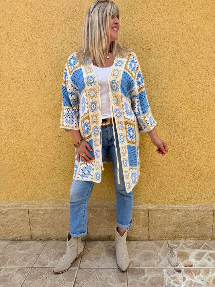 Kimono ajouré Léo bleu