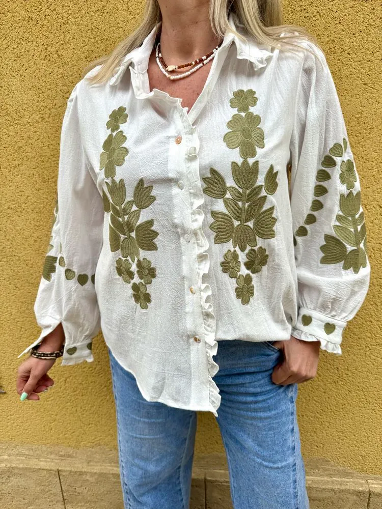 Chemise brodée Lou vert bronze
