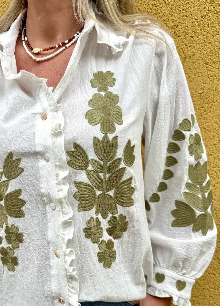 Chemise brodée Lou vert bronze