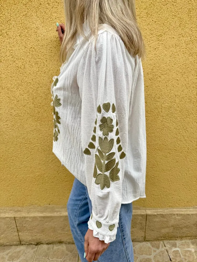 Chemise brodée Lou vert bronze