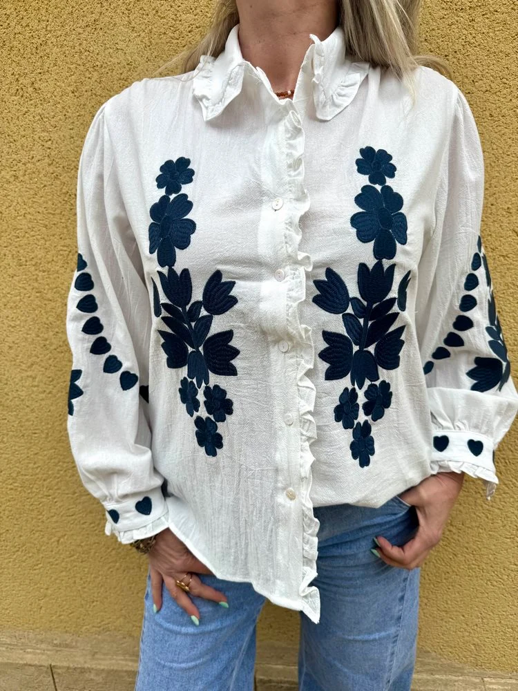 Chemise brodée Lou bleu marine