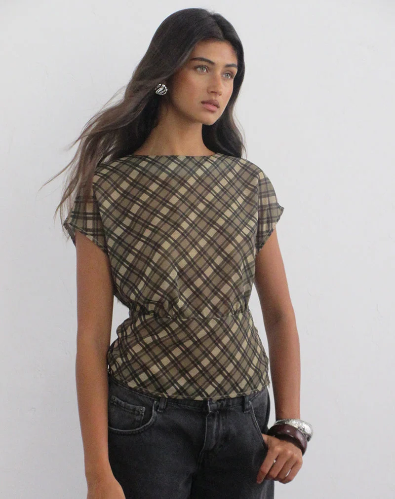 Haut Zayla en mousseline à carreaux vintage, couleur olive