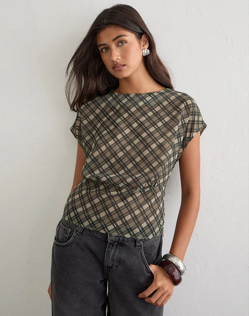 Haut Zayla en mousseline à carreaux vintage, couleur olive