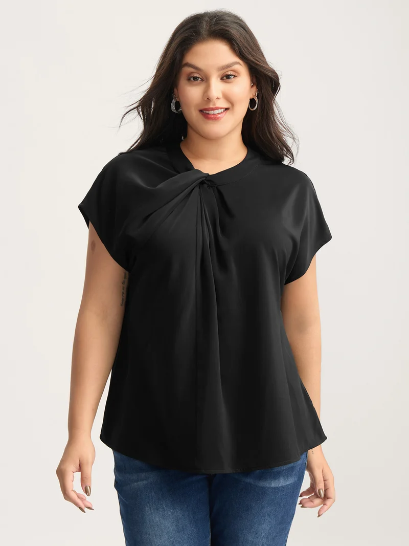 Solid Twist Neck Slit Blouse