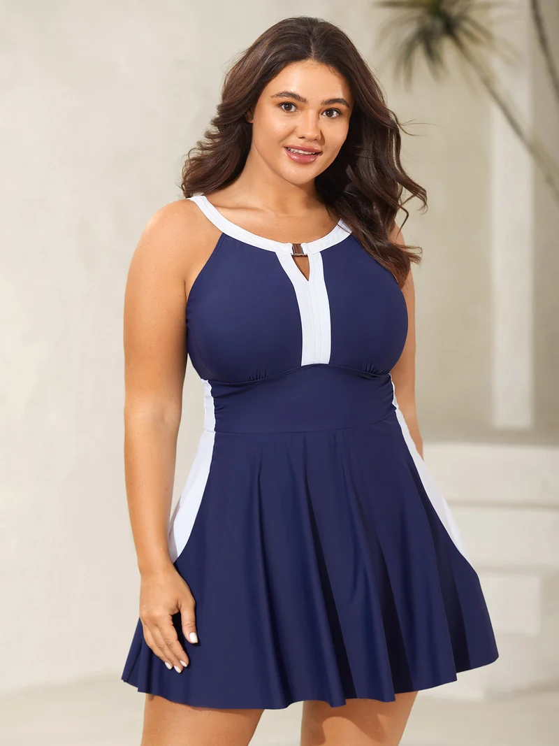 Colorblock Contrast Neck Cut-Out Swim Dress
