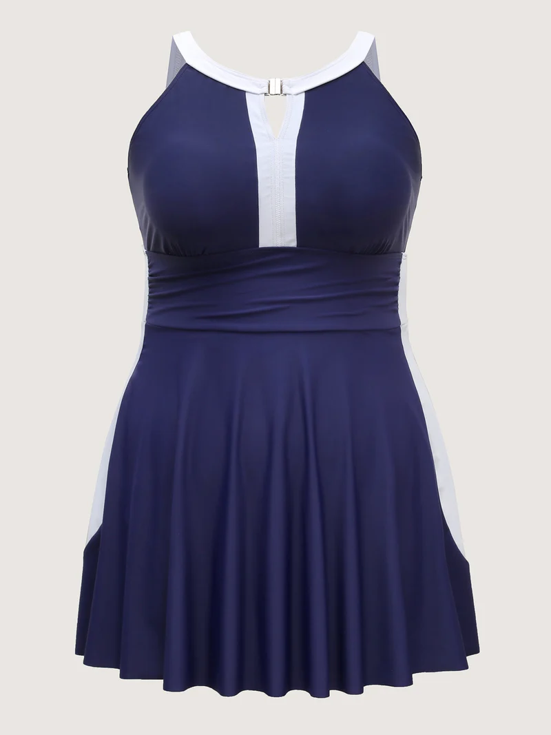 Colorblock Contrast Neck Cut-Out Swim Dress