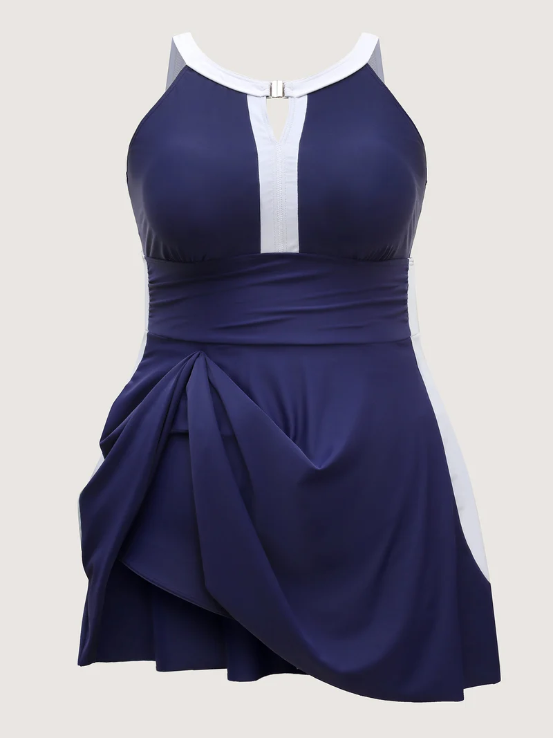 Colorblock Contrast Neck Cut-Out Swim Dress