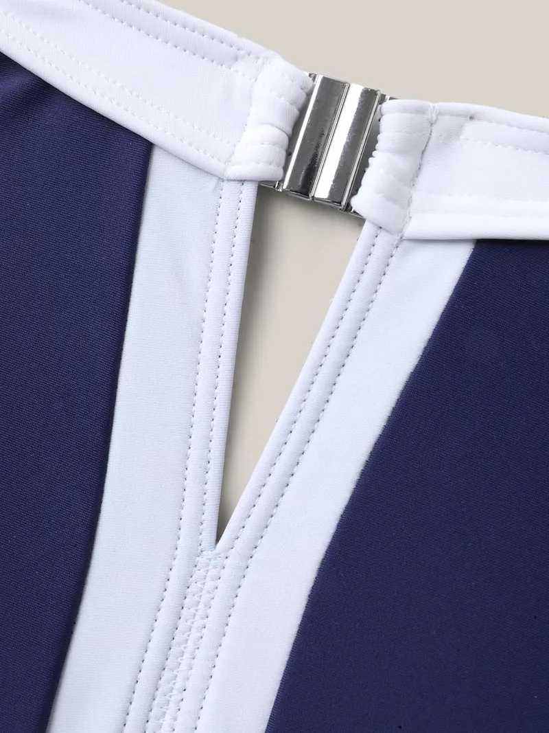 Colorblock Contrast Neck Cut-Out Swim Dress