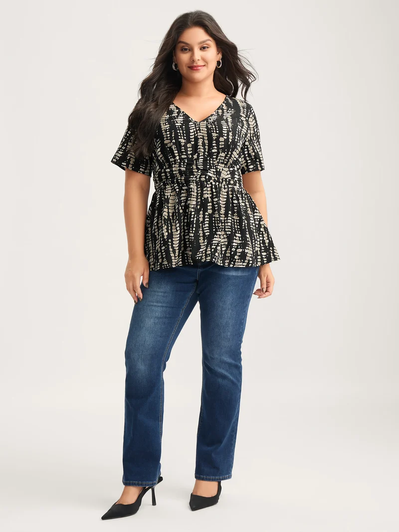 Abstract Print Cinched Waist Blouse