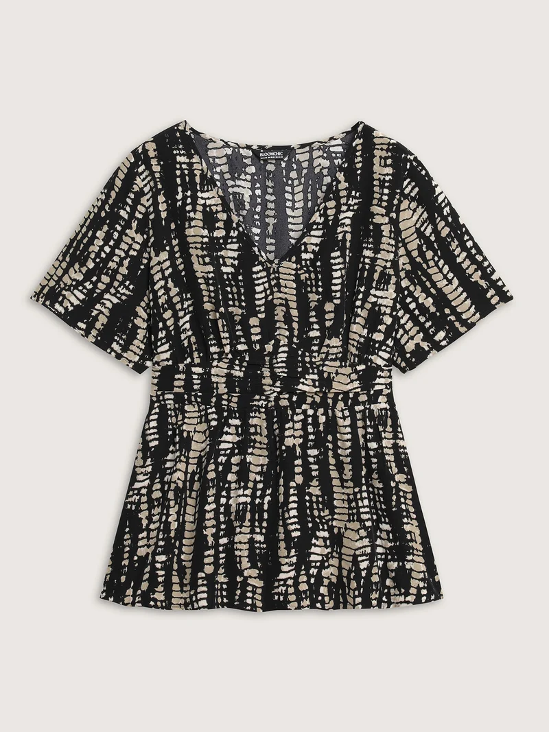 Abstract Print Cinched Waist Blouse