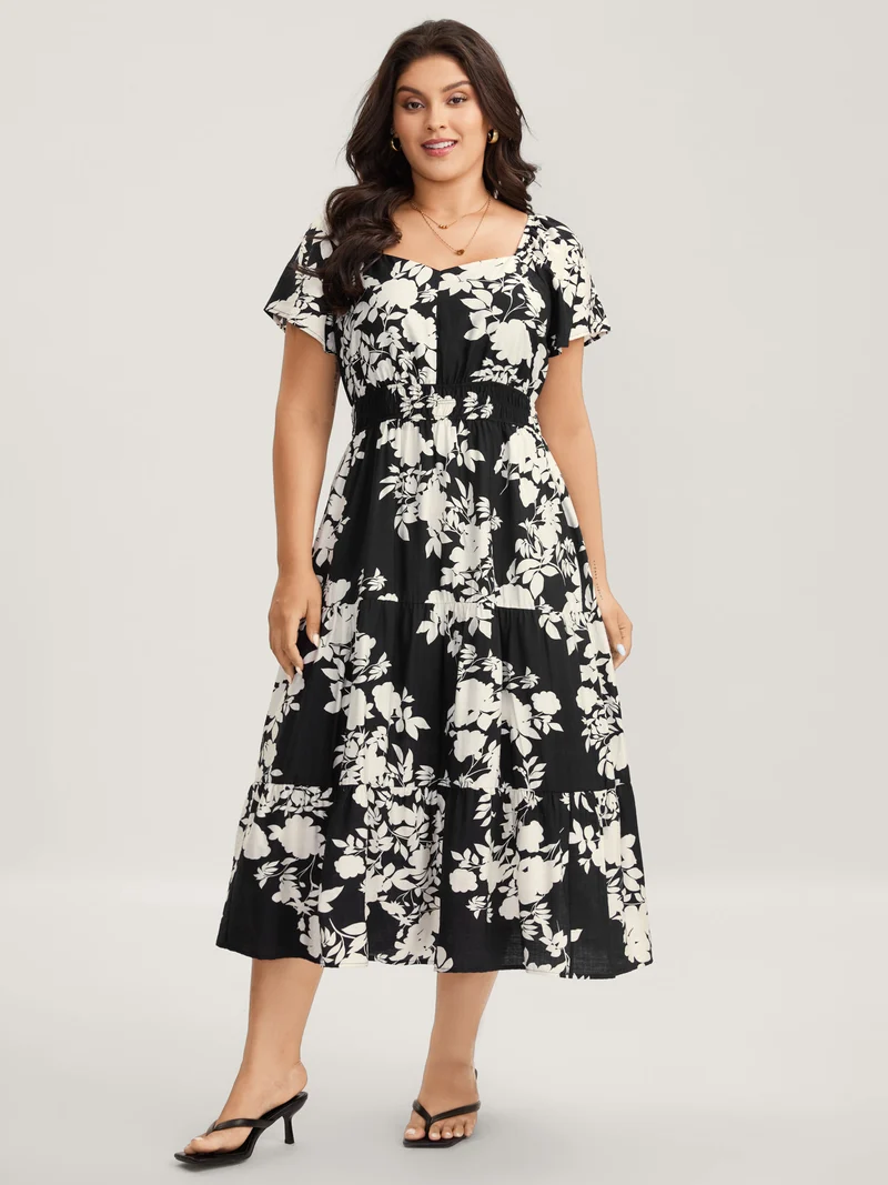 Floral Double Stretchy Waist Midi Dress