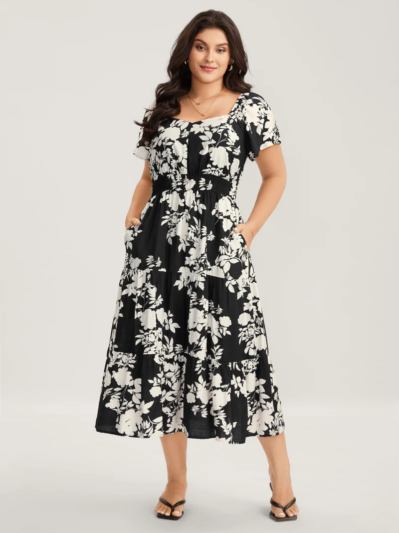 Floral Double Stretchy Waist Midi Dress