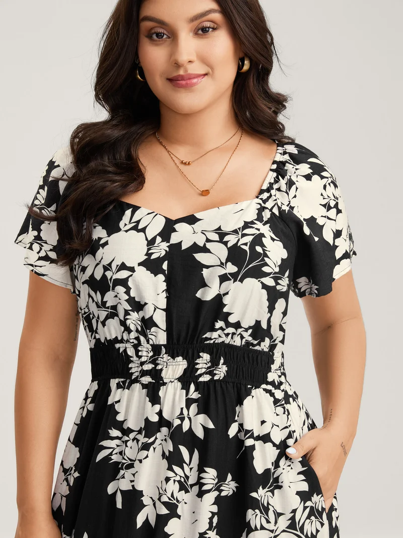 Floral Double Stretchy Waist Midi Dress