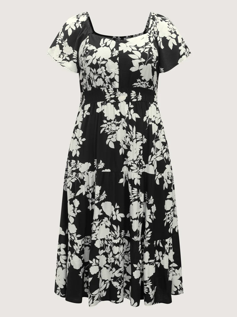 Floral Double Stretchy Waist Midi Dress